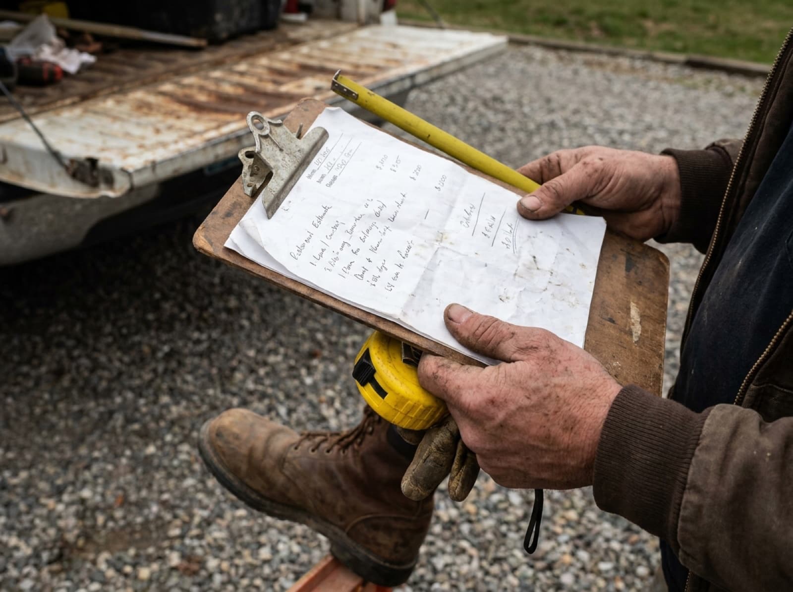 A contractor holding a written estimate on a residential driveway